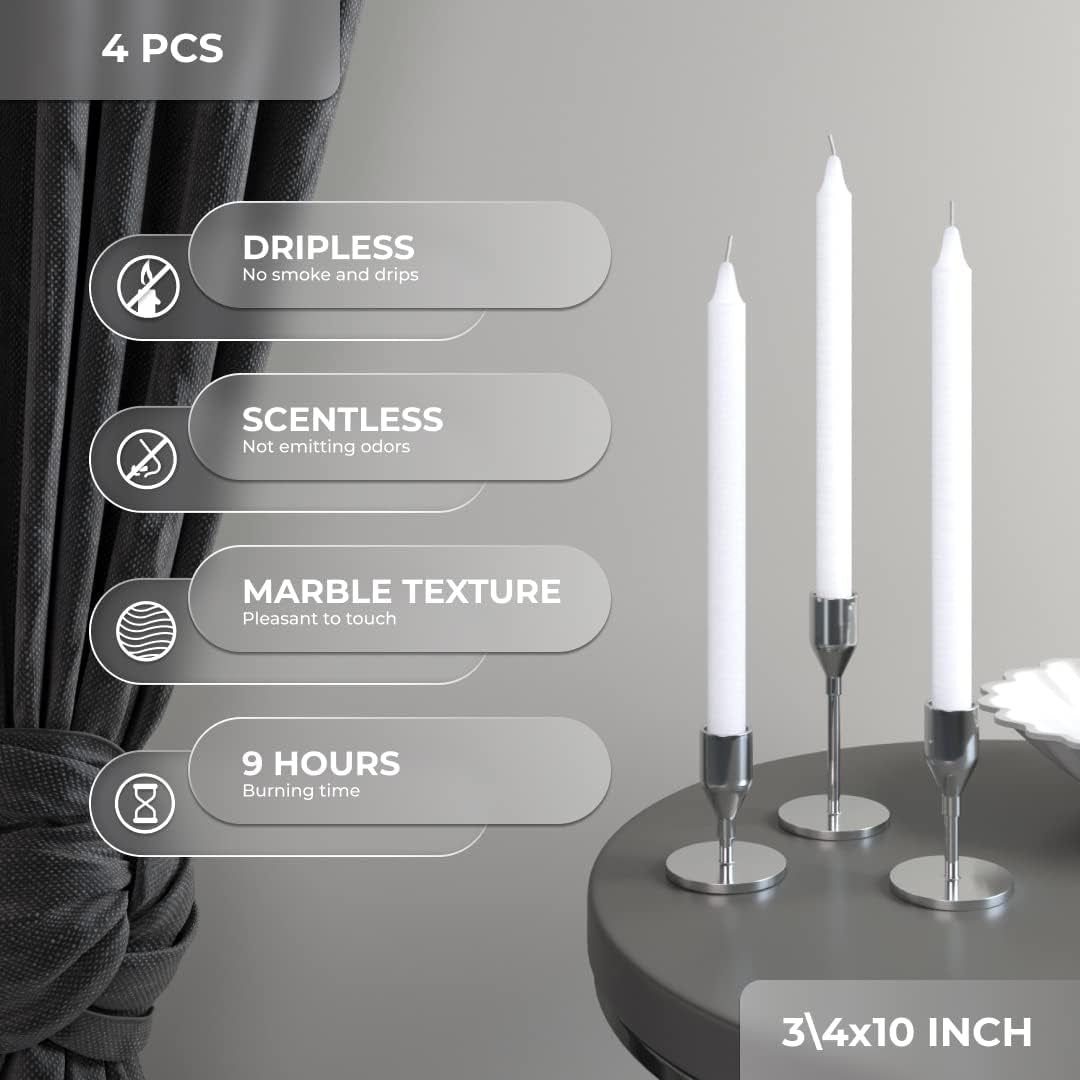 White Taper Candles Pack of 4 - Slow Burning Dripless Unscented Straight Candles 10 Inch - Ideal for Dinner Table - Smokeless Long Candlesticks